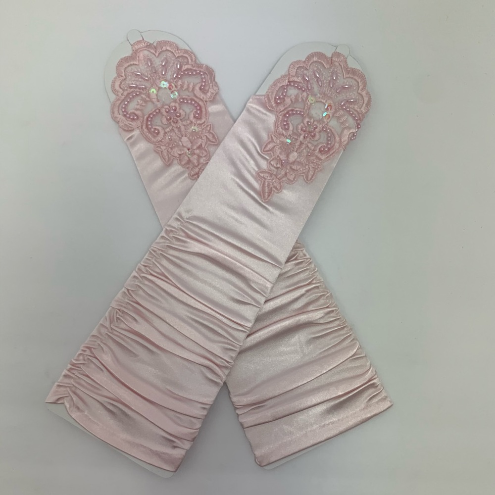 Satin pink gathered  fingerless gloves